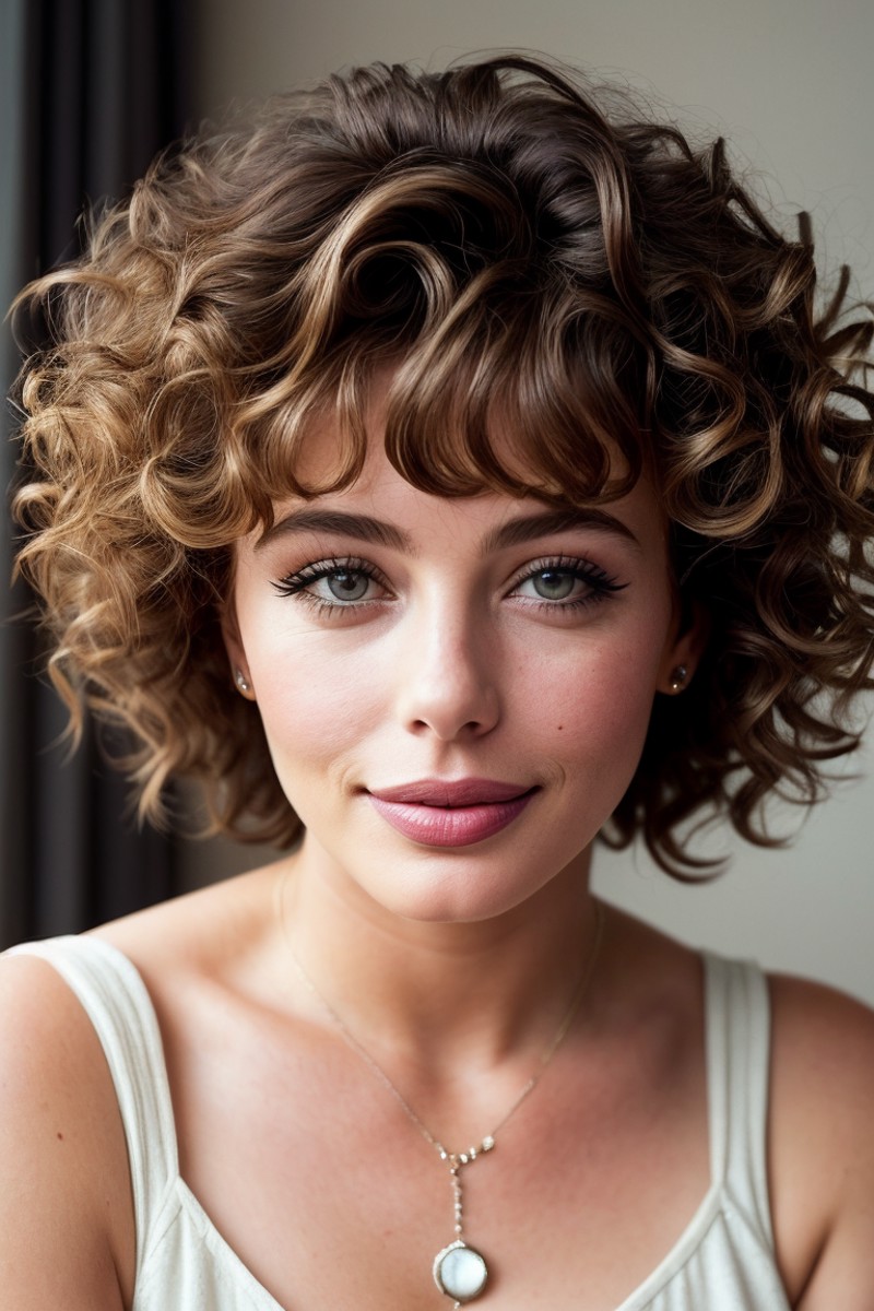 photo of beautiful (klebr0ck-140:0.99), a woman in a (hotel room:1.1), perfect hair, 80s curly hairstyle, wearing (romper:...